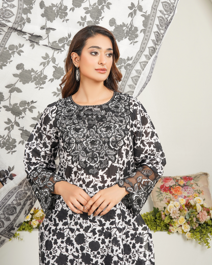 Monochrome Elegance 3 Pcs Printed Suit