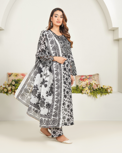 Monochrome Elegance 3 Pcs Printed Suit